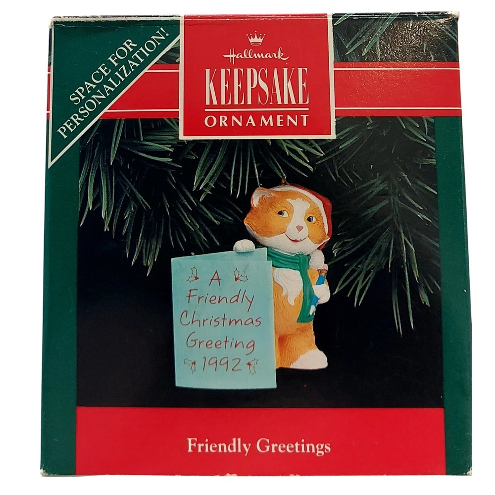 Vintage 1992 Hallmark Keepsake Ornament Friendly Greetings Orange Cat Santa‎ Hat